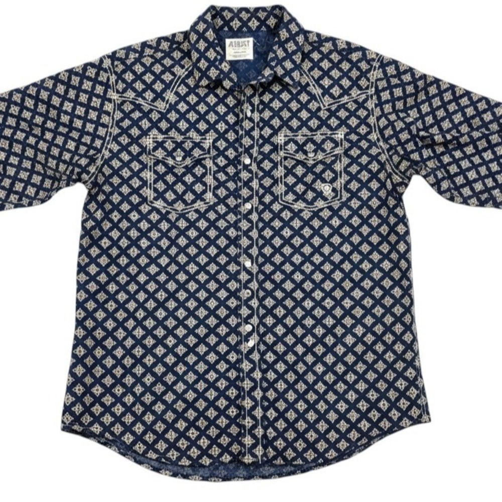 Ariat Retro Fit Mens XL Navy Blue Geometric Pearl Snap Western Shirt Cotton